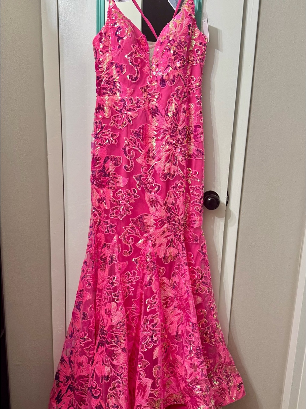 Stacees’ Bright Pink Sequin Floral Prom Dress